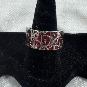 6001: Christian Dior Red Enamel Logo Wide Band Ring Silver Tone